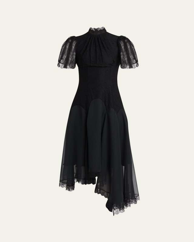 Draped Floral Lace High-Low Midi Dress